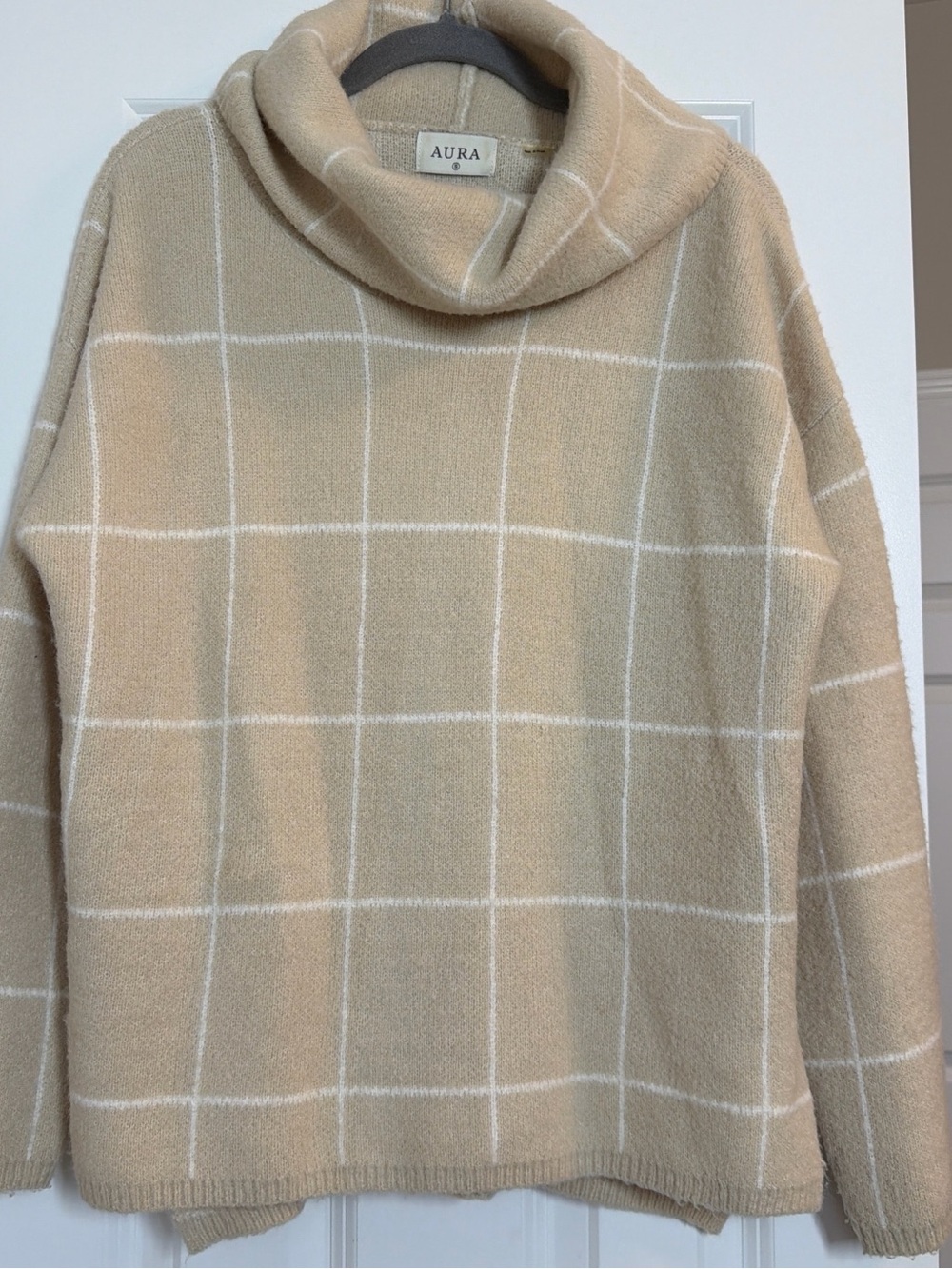 Aura Beige Cream Windowpane Cowl Sweater
